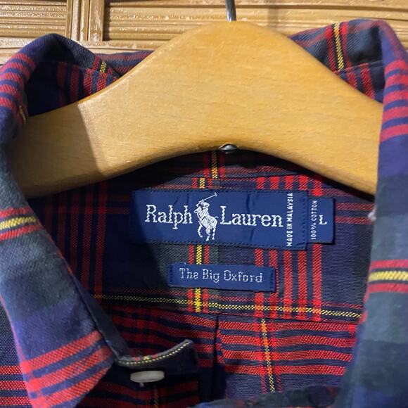 Vintage Ralph Lauren The Big Oxford Red Navy Plaid Shirt Men’s L 100% cotton - Picture 2 of 5